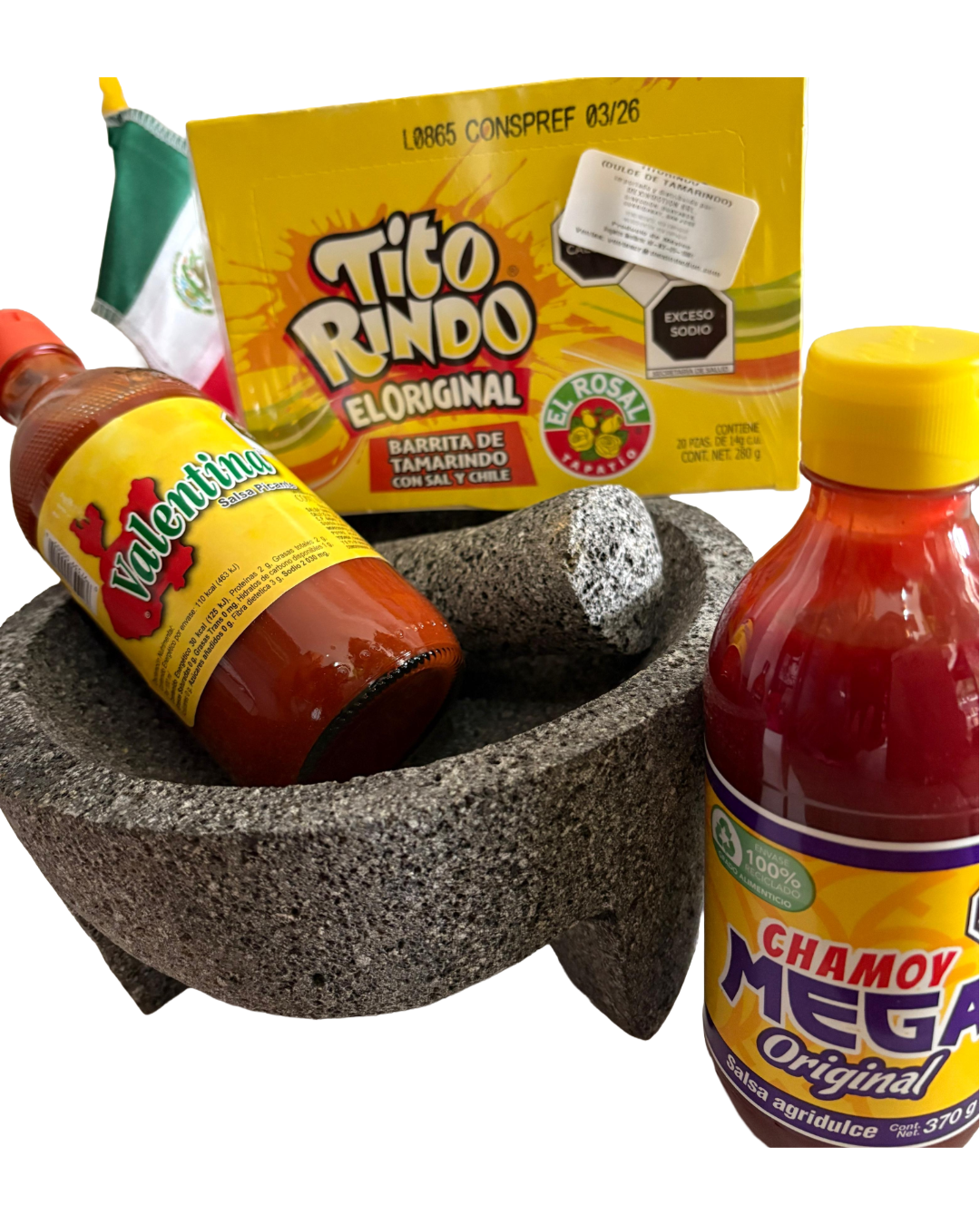 Molcajete + titorindo + valentina + chamoy PROMO